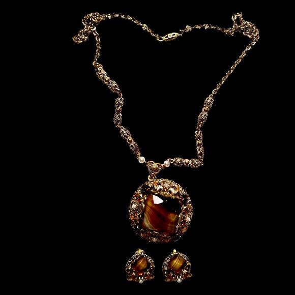W. Germany Brown Porphyry Glass Faux Pearls Rhinestones Necklace and Earring Set - Picture 1 of 7